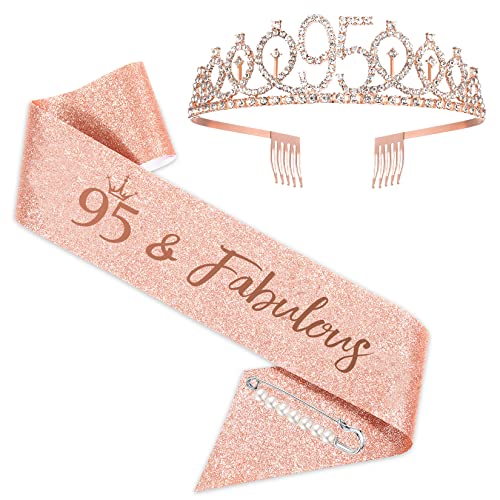 Faja y tiara de 95 cumpleaños para mujer, corona de cumpleaños de oro rosa 95 y fabulosa faja y...