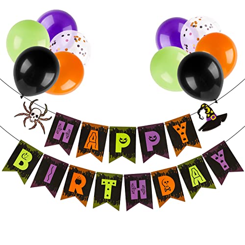 Pancarta Feliz Cumpleaños Halloween Con Globos y Guirnalda - Decoración Fiesta de Cumpleaños -...