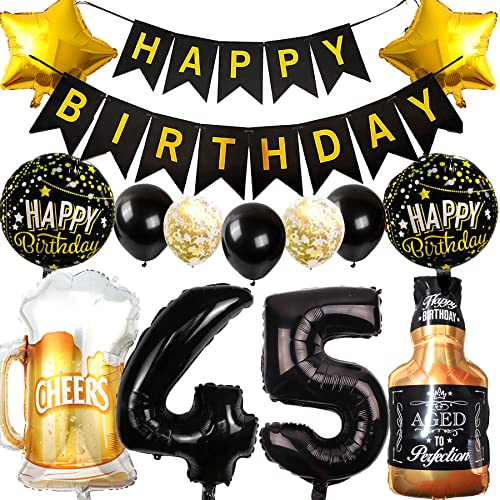 Ouceanwin Decoración Cumpleaños 45 años Hombre Mujer, Globos 45 Cumpleaños Oro Negro, Foil...