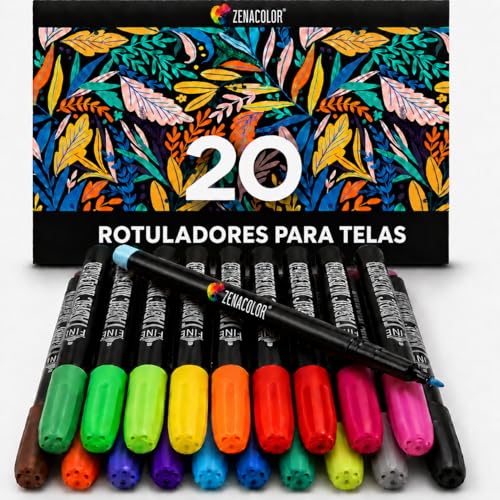 20 Rotulador Textil Permanente con Punta Fina - para Tela No Tóxica y Indeleble - Perfecto para...