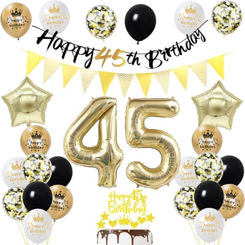 45 años cumpleaños hombre mujer decoración, oro negro decoración fiesta 45 años cumpleaños...