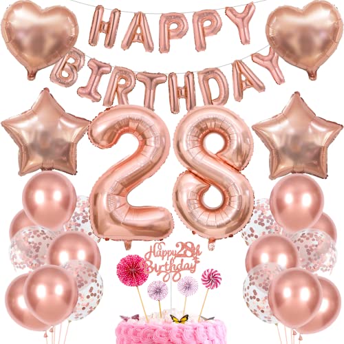 Decoración 28 Cumpleaños Mujer - Regalo y Torta Oro Rosa - Globos para 28 Años