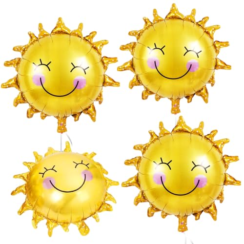 4 Piezas de Globos Sol Aluminio, 67cm Cara, para Decoración Cumpleaños Verano Niño Niña