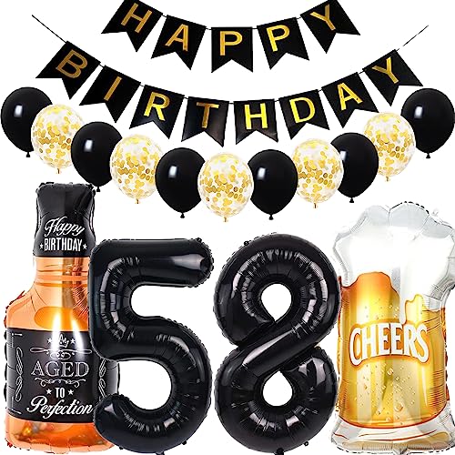 Conruich Decoración de Cumpleaños de 58 años Hombre Mujer, Globo de Foil Whisky Cerveza Vaso Globo de Vino Botella de Cerveza Deco, Gigante Número 58, Fiesta de Cumpleaños Kit para 58 años Mujer