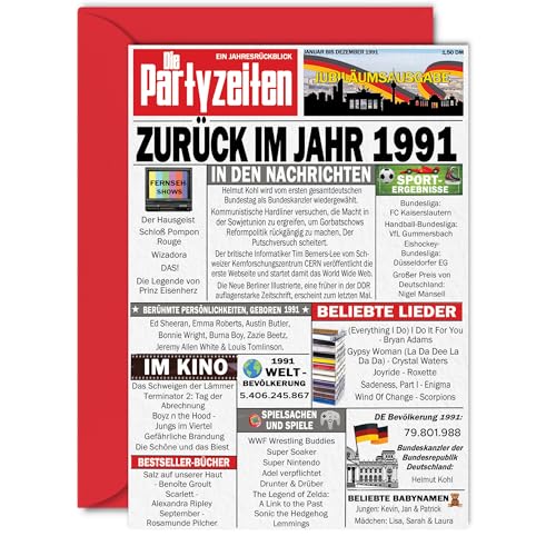 Stuff4 34 tarjetas de cumpleaños para hombres y mujeres – Regreso al año 1991 Periódico – 34...