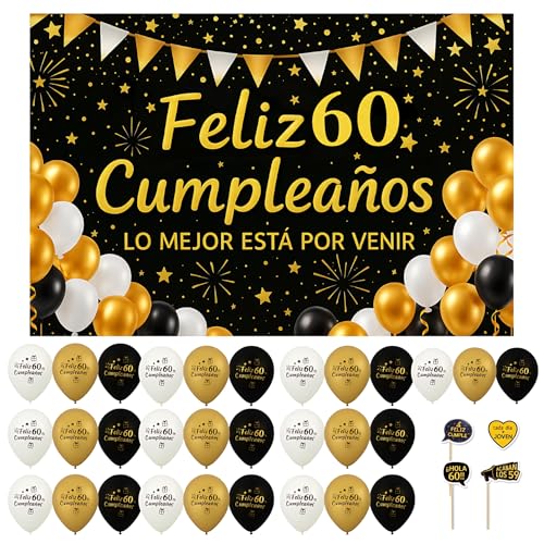 Decoración 60 Cumpleaños Photocall Pancarta 110x80cm Fiesta 60 Años Mujer Hombre 30 Globos Banner...