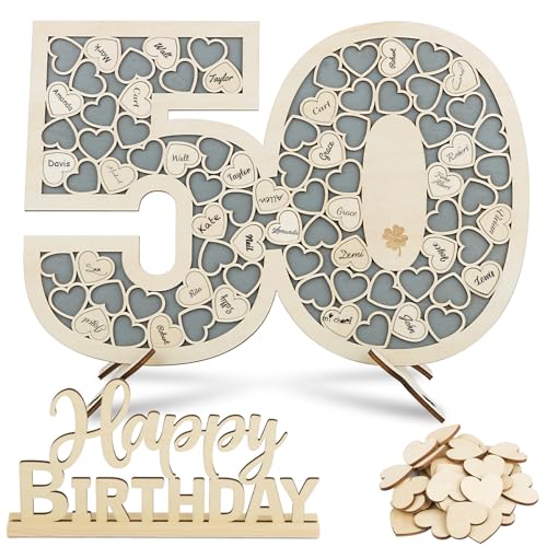 BOFUNX Libro Firmas de Visitas para Cumpleaños 50 Años Tarjeta Felicitación de Madera+80pcs...