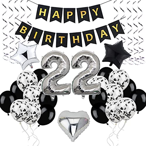 Decoración de 22 cumpleaños, Deco de cumpleaños 22 años hombres, Deco de 22 cumpleaños hombre, Deco de 22 globos negro y plata, Deco de fiesta de 22 cumpleaños con globos, Deco de 22 cumpleaños