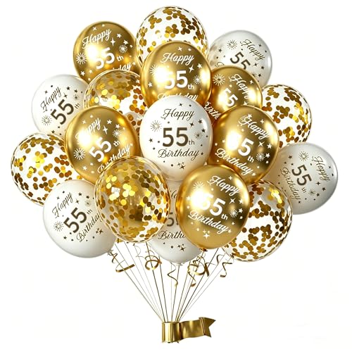 15pcs Años Decoracion Aniversario Cumpleaños,Blanco y Dorado Fiesta 55Años Confetis Látex Globos...