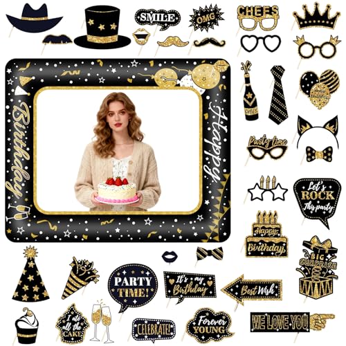 VEGCOO Photocall Feliz Cumpleaños 36pcs Accesorios para Fotos en Negro y Oro + Marco de Fotos...