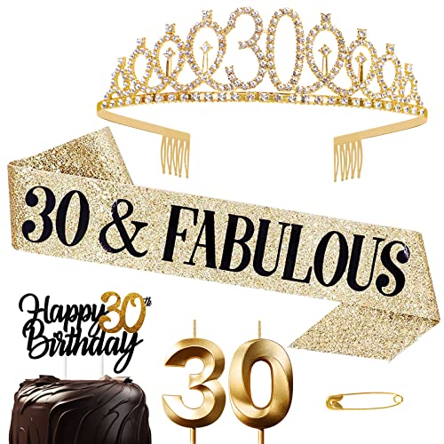 Corona y Faja de Oro para 30 Años Mujer - Tiara, Cinturón, Diamantes, Velas Topper para Torta de...