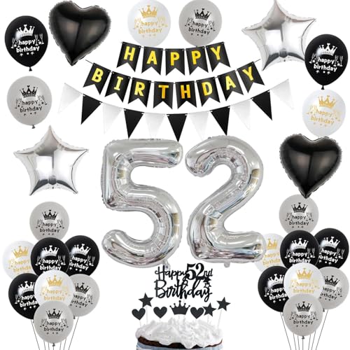 Globos 52 cumpleaños hombre Mujer Plateados Negros 52 Años Decoracion Cumpleaños hombre topper...