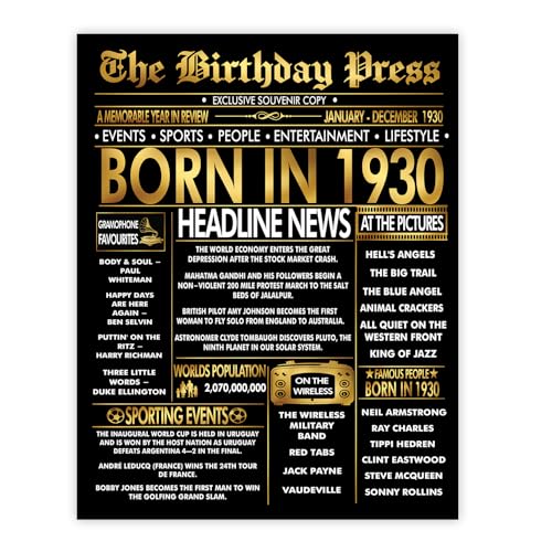 Stuff4 Póster dorado de 95 cumpleaños sin marco, periódico dorado nacido en 1930, feliz...