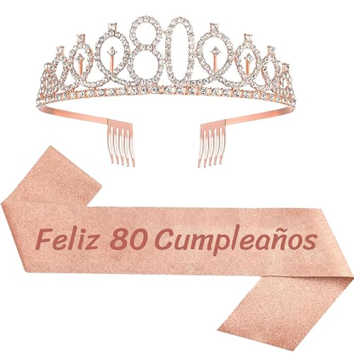 Feliz 80 Cumpleaños Faja de Satén Oro Rosa Feliz Cumpleaños Cumpleaños Sash 80th Diadema Tiara...