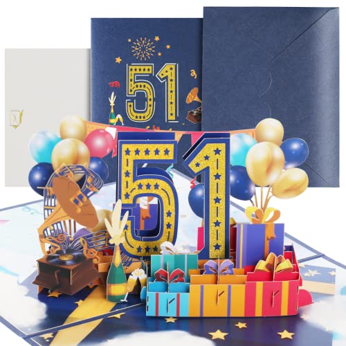Tarjeta de cumpleaños, 51 tarjetas de cumpleaños con sobre, tarjeta 3D Pop Up 51 cumpleaños, tarjeta de feliz cumpleaños para niñas, jóvenes, amigos, romance