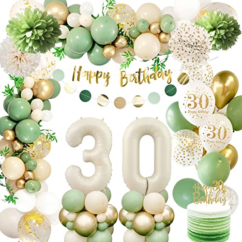 Globos 30 Cumpleaños Verdes,30 Años Decoracion Cumpleaños,Decoracion Fiesta 30 Cumpleaños,Pancarta de Feliz Cumpleaños,Decoraciones Verdes Oro Fiesta de 30 Cumpleaños para Hombres y Mujeres