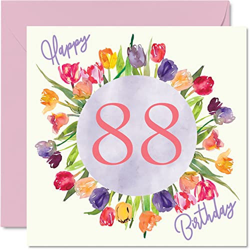 Stuff4 Bonitas tarjetas de cumpleaños 88 para mujer, ramo de tulipanes de acuarela, 145 mm