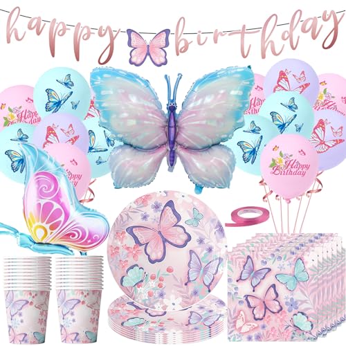 OMZSXK Vajilla de Fiesta de Mariposas, 79 Piezas Vajilla de Fiesta de Mariposas con Globo de Papel...