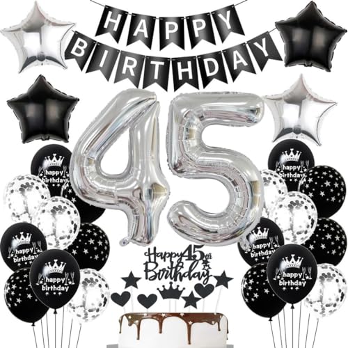 Globos Plata y Negro para 45 Cumpleaños - Decoración para Mujeres y Hombres - Fiesta de 45 Años