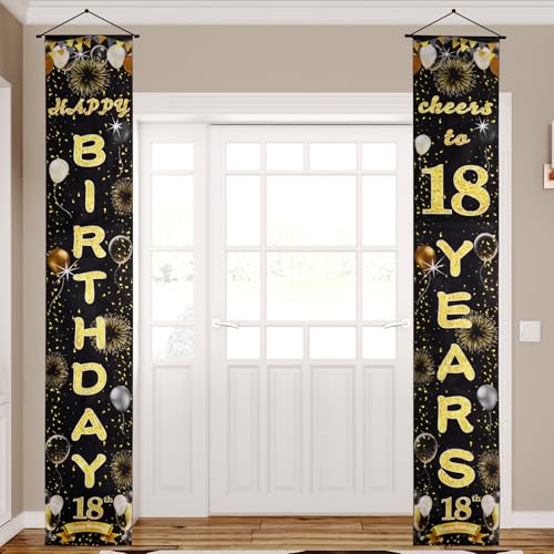 ANOMM Pancarta Feliz Cumpleaños 18 Anos para Puerta, Negro y Dorado Happy Birthday Decoracion,...