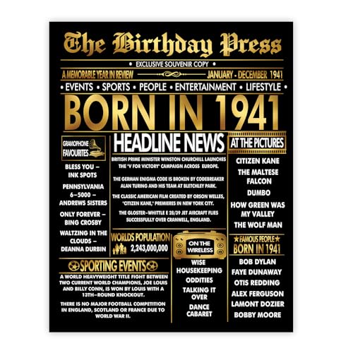 Stuff4 Póster dorado de 84 cumpleaños sin marco, periódico dorado nacido en 1941, feliz...