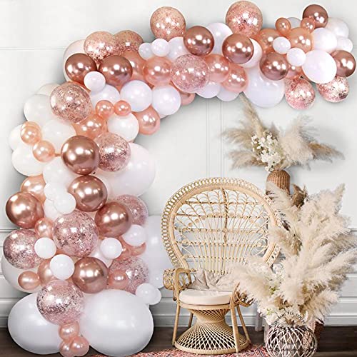 Arco Para Globos Oro Rosa, Globos de Cumpleaños Oro Rosa, Globos Oro Rosa y Blanco con Globos Confeti para Compromiso, Aniversario, Boda, Baby Shower Niña, Decoración Cumpleaños