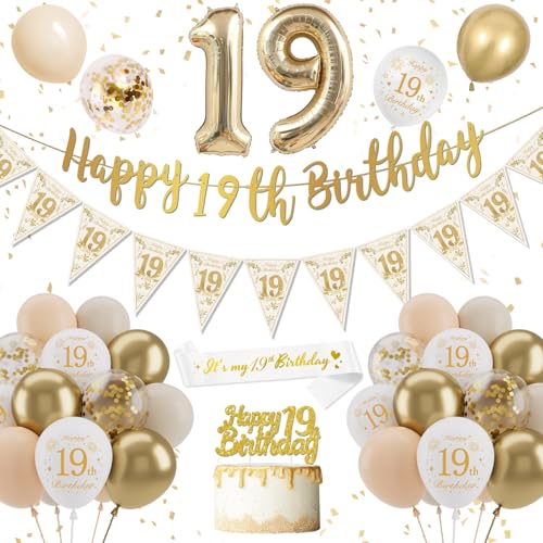 Decoración Cumpleaños 19 Años, Globos 19 Cumpleaños Dorado Blanco, Pancarta De Feliz...