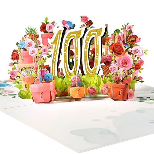 GREETING ART Tarjeta de felicitación de 100 aniversario de 100 años, tarjeta de felicitación de flores, tarjeta desplegable 3D, tarjeta de felicitación de cumpleaños para mujeres, amigos, romance
