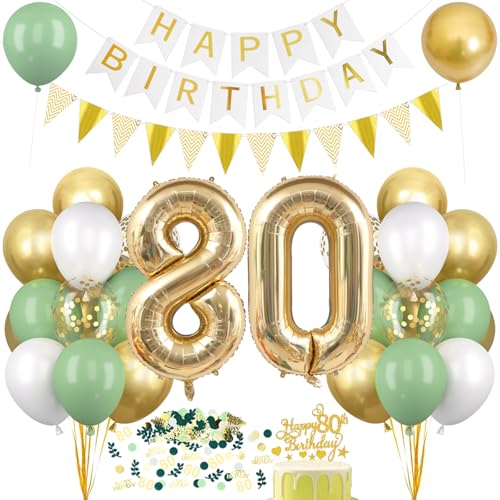 Montrestar Decoración Cumpleaños 80 Años Oro Verde, Globo 80 Años con Confeti Guirnalda Happy...