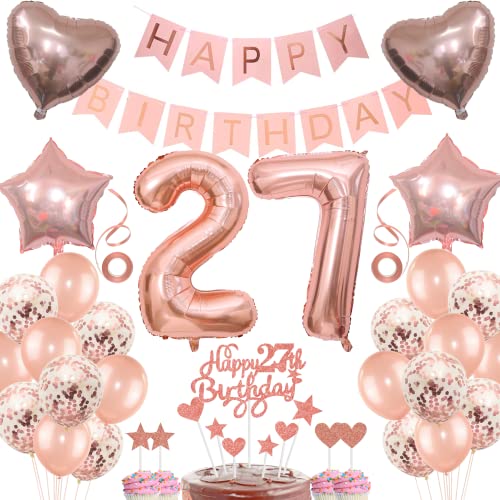 Decoración de cumpleaños de 27 años para mujer – Pastel, regalo, globos de oro rosa