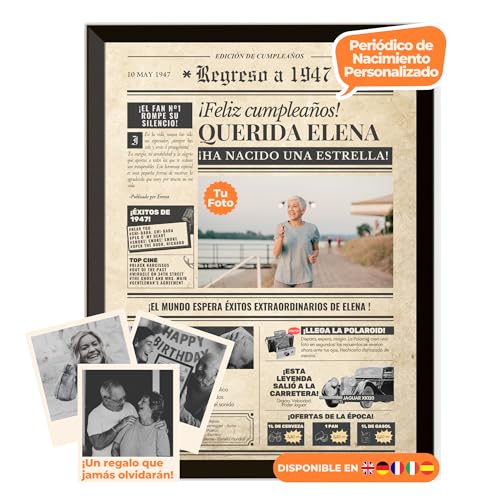 Periódico de cumpleaños 1947 – póster personalizado año nacimiento con foto, nombre y mensaje...