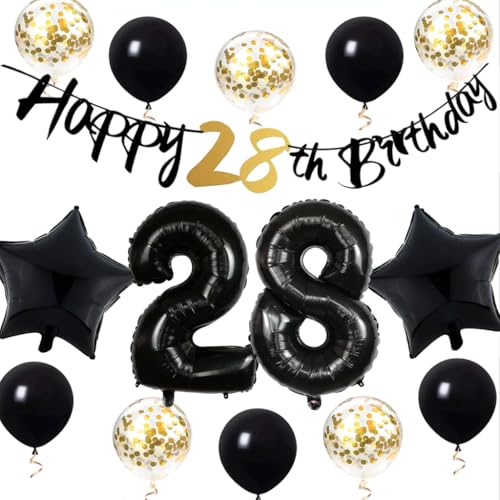 Globos 28 Cumpleaños Negros Dorados, Decoración Cumpleaños 28 años Hombres Mujeres, Globos de...