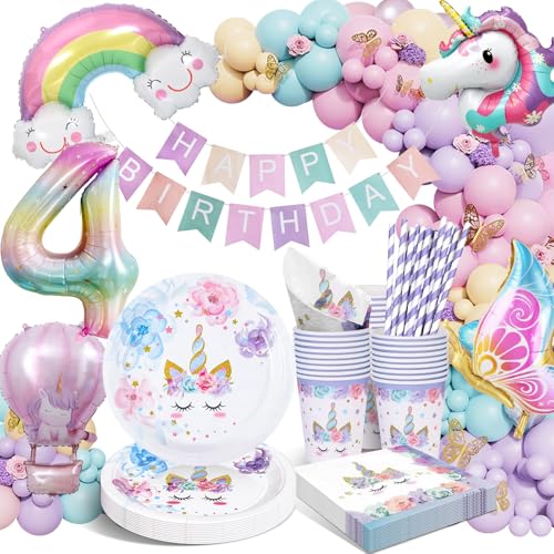 Unicornio Decoración de Cumpleaños Niña 4 Años Fiesta Vajilla Unicornio Platos de Papel Infantil...