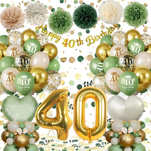 Decoracion 40 Cumpleaños Mujer Hombre, Globos 40 Cumpleaños Verdes Oro con Guirnalda Happy 40th...