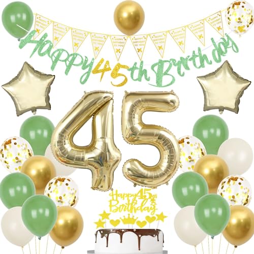 Globos 45 cumpleaños verde oro, Decoraciones Fiesta 45 cumpleaños Hombre Mujer, Cumpleaño 45...
