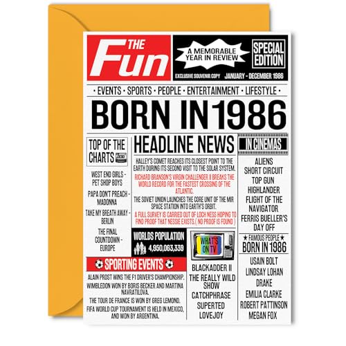 Tarjetas de cumpleaños número 39 para mujeres y hombres – Born In 1986 Newspaper – Tarjeta de...