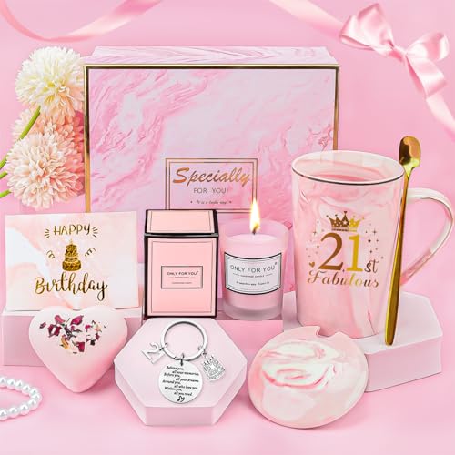 YYDSXK Regalos para Chicas de 21 Años, Rosa Taza de Café Set with Bath Salts, Candle, Keychain,...