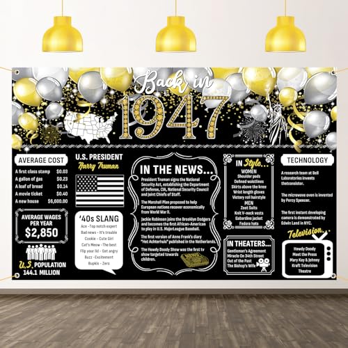 Decoración de fiesta de cumpleaños número 77, color negro y dorado, telón de fondo grande para...