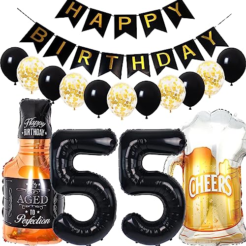 Conruich Decoración de Cumpleaños de 55 años Hombre Mujer, Globo de Foil Whisky Cerveza Vaso Globo de Vino Botella de Cerveza Deco, Gigante Número 55, Fiesta de Cumpleaños Kit para 55 años Mujer