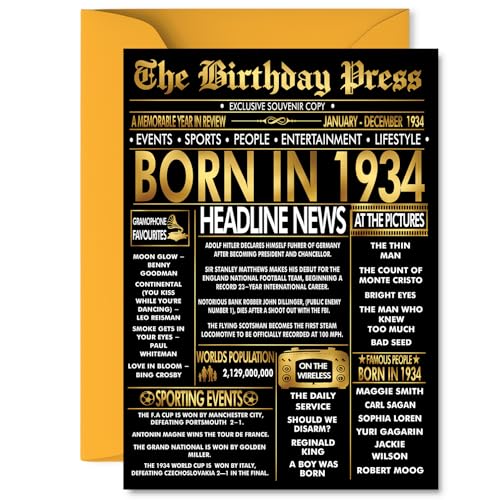 Tarjeta dorada de 91 cumpleaños para hombres y mujeres, periódico negro y dorado nacido en 1934,...