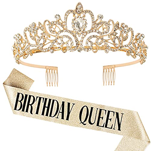 DRESHOW Corona y Fajín de Cumpleaños para Mujer Fajín de Reina de Cumpleaños y Tiara de Strass...
