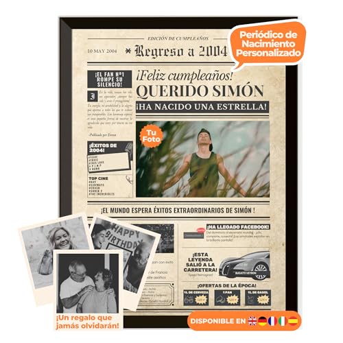 Periódico de cumpleaños 2004 – póster personalizado año nacimiento con foto, nombre y mensaje...