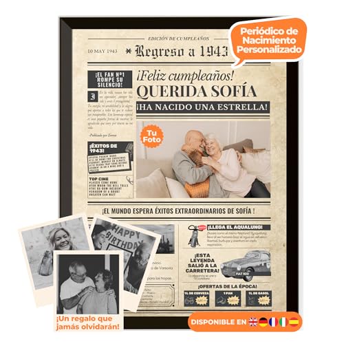 Periódico de cumpleaños 1943 – póster personalizado año nacimiento con foto, nombre y mensaje...