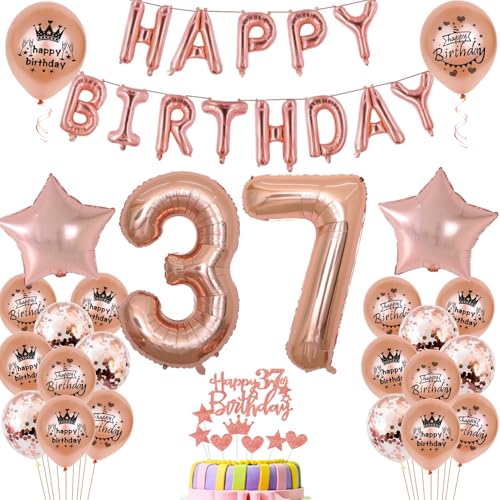 Globos de 37 cumpleaños decoración para mujer, oro rosa, 37 cumpleaños, decoración para fiestas,...