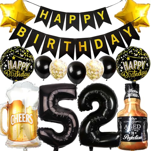 Ouceanwin Decoración Cumpleaños 52 años Hombre Mujer, Globos 52 Cumpleaños Oro Negro, Foil...