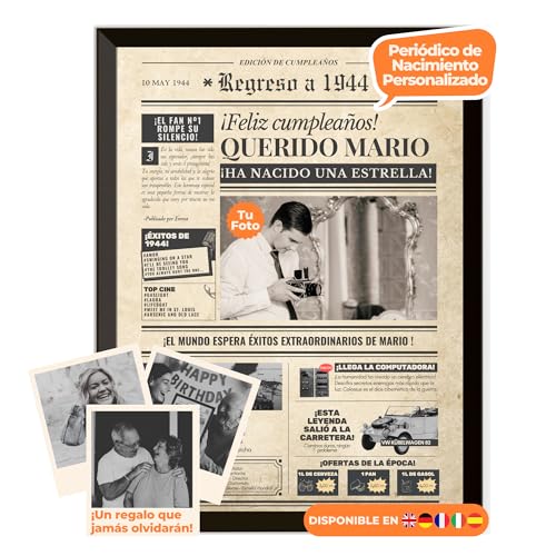 Periódico de cumpleaños 1944 – póster personalizado año nacimiento con foto, nombre y mensaje...