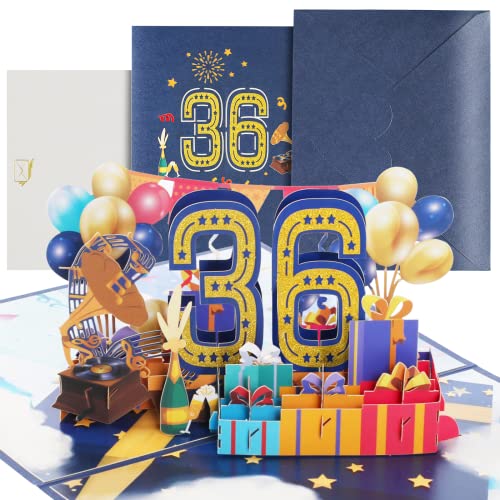 Tarjeta de cumpleaños 36 con sobre, tarjeta 3D desplegable 36 cumpleaños, tarjeta de felicitación de cumpleaños para niñas, chicos, amigos, romance, tarjeta de regalo