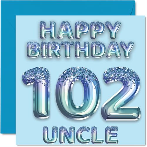 Tarjeta de cumpleaños número 102 para tío, globos de fiesta con purpurina azul, tarjetas de feliz...