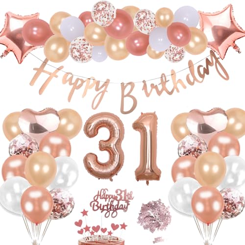 31 Cumpleaños Decoración Oro Rosa Kit Para Niña, Inflables Estrellas Corazón Numeros Gigantes...