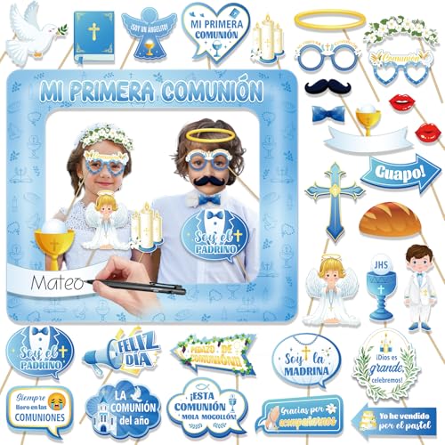 DPKOW Azul Photocall Comunión Niño 30pcs Accesorios Photocall Comunión Foto Props + Marco de...